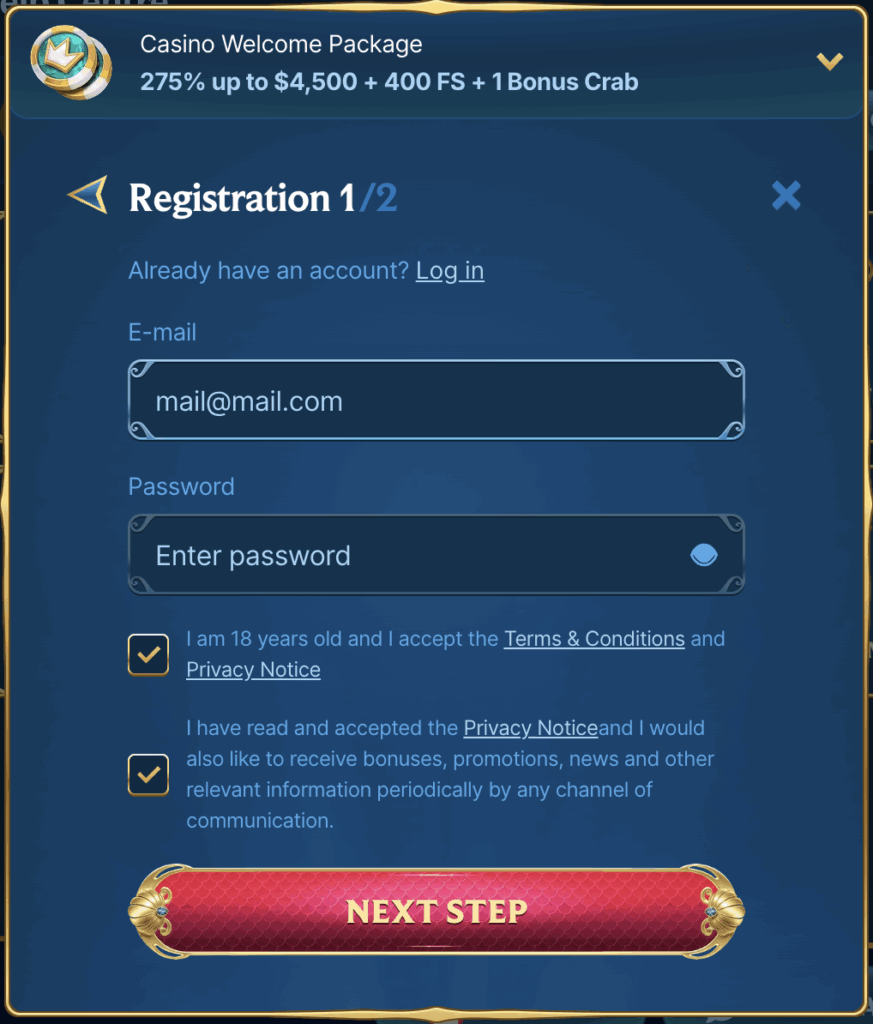 Registration at AquaWin Casino Step 1
